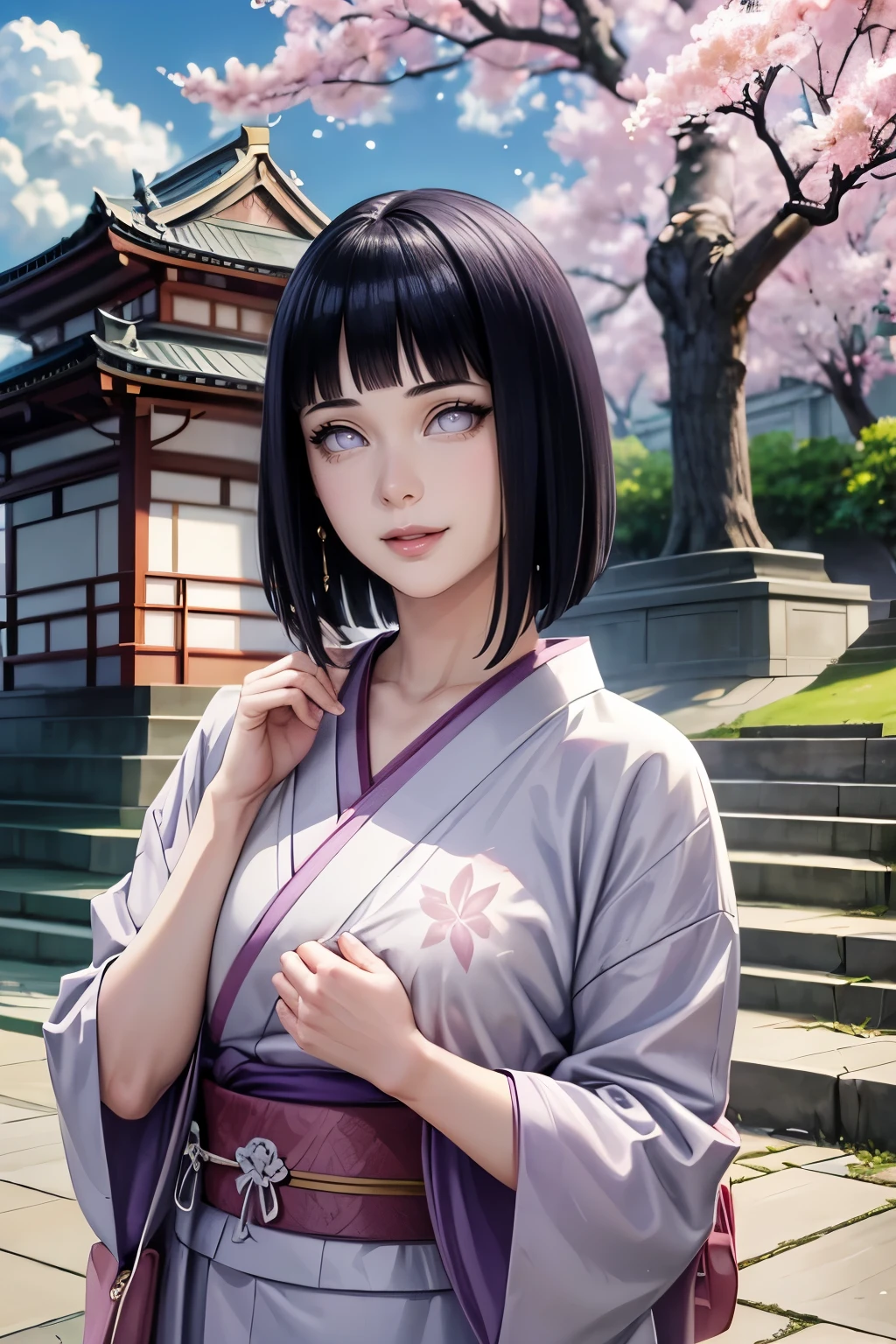 (best quality,4k,8k,highres,masterpiece:1.2),ultr
a-detailed,realistic,photorealistic:1.37,detailed
eyes,beautiful detailed lips, pale, hinata hyuga from Naruto wearing beautiful kimino, perfect figure, attractive rounded breasts, smiling, puffy lips, posing in cloudy weather, in front of japanese temple, people in the background, outdoor ,clouds, cherry blossom trees, green trees, sakura falling, posing with a bag, short hair, realistic hands, realistic hair, realistic nose, realistic lips, improve fingers, dark cloudy weather with no sunlight, wearing kimono, japanese traditional dress, crowded area, rainy clouds , purple patterned kimino, people going temple