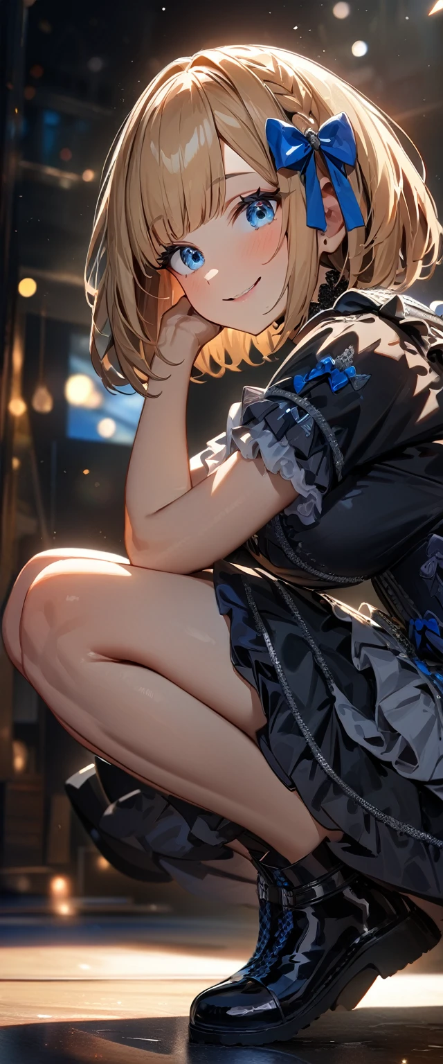 (((One girl))), Shibuya, streat, blond hair, bob cut, (looking at viewer), (((full body))), squatting, breasts, teenager, head tilt:1.3, (((blue eye))), constricted pupils, (from side:1.3), ((happy smile)), (((gothic lolita:1.3))), short dress, bare legs, hair ornament, hair ribbon, anime style, (best quality, 4k, 8k, highres, masterpiece:1.2, ultra-detailed, ultra-detailed eyes, HDR, UHD, studio lighting, ultra-fine painting, sharp focus, physically-based rendering, extreme detail description, professional, vivid colors, bokeh)
