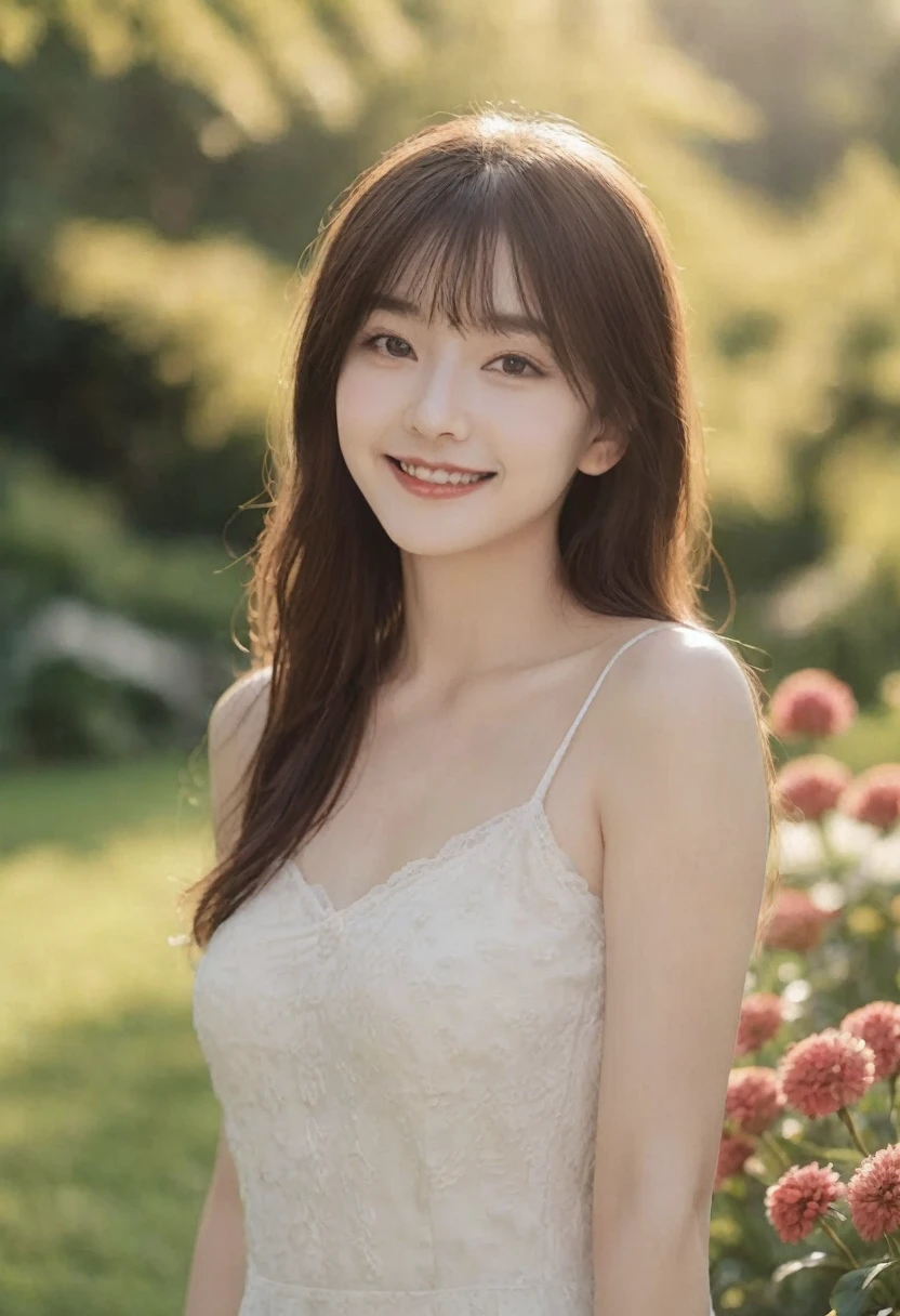 (Highest quality,8K quality,masterpiece:1.3),(Ultra-high resolution,Realistic:1.4,Live Shooting),(Very detailed,Caustics),(Ultra-Realistic Capture,(((garden)),beautifully detailed skin),19 years old,Beautiful Japanese, Medium Hair, Asymmetrical bangs, Brown Hair, I'm looking at the camera with a smile on my face,Soft Light,A ray of light shining from above,Natural light，((Date Clothes))，(((1 female))),