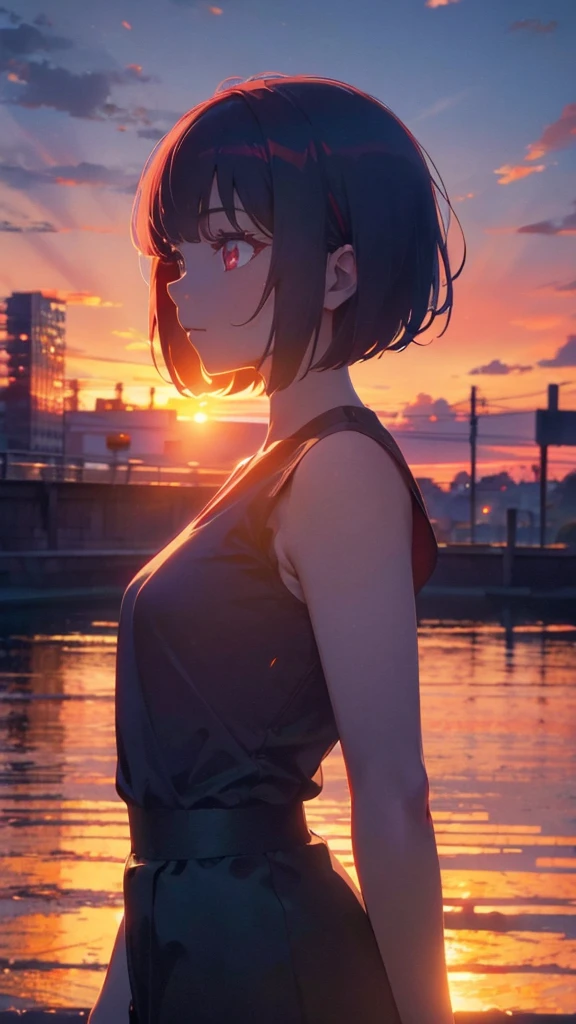 girl with short bob hair,Red eyes ,A shining sunset,sunset,Side view,Background center,4 of screens\Person 1