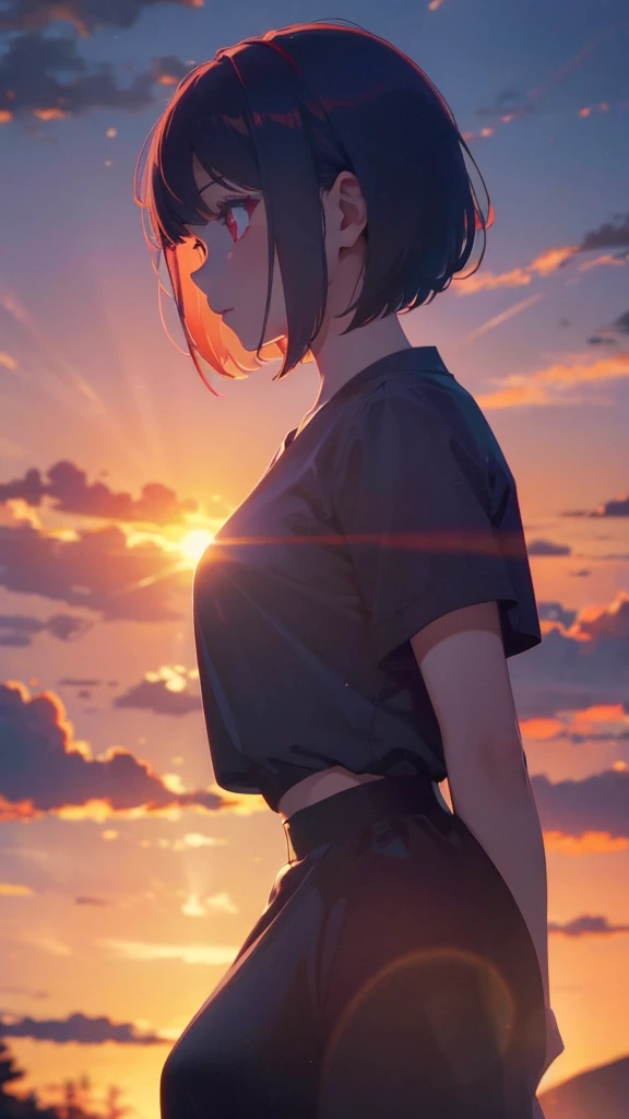 girl with short bob hair,Red eyes ,A shining sunset,sunset,Side view,Background center,4 of screens\Person 1