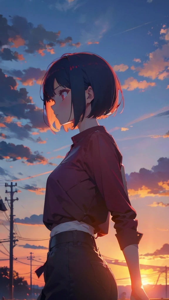 girl with short bob hair,Red eyes ,A shining sunset,sunset,Side view,Background center,4 of screens\Person 1