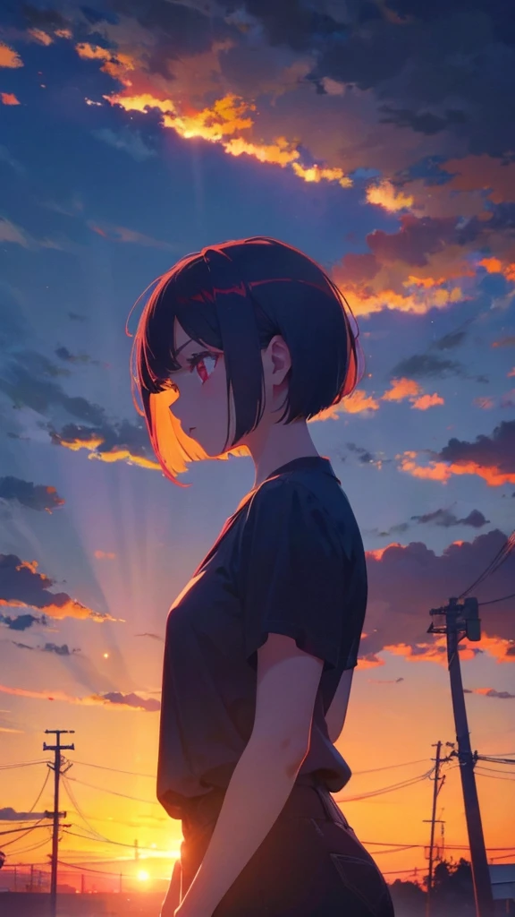 girl with short bob hair,Red eyes ,A shining sunset,sunset,Side view,Background center,4 of screens\Person 1