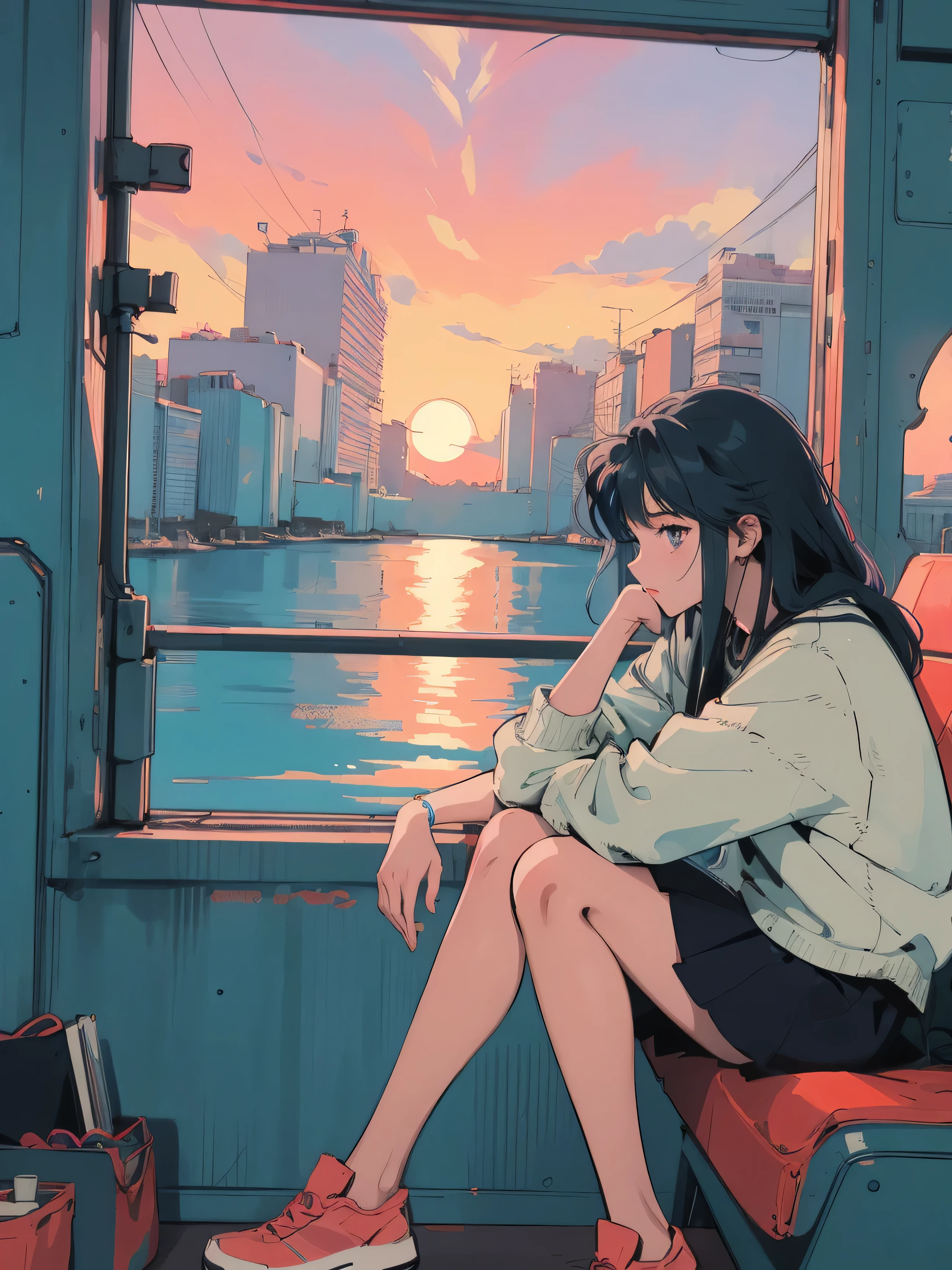 anime girl sitting on floor looking out window at city, anime aesthetic, anime vibes, Lofi Artstyle, Lo-fi portrait by the window, Sunsetを眺める. anime, Lofty Girl, anime art wallpaper 4 k, anime art wallpaper 4k, anime art wallpaper 8 k, anime background art, Lofi Color, Lofi Art, anime asthetic,masterpiece, Highest quality, Rainbow Style, anime, Beautiful Asian Girl, Sitting in a car, Along the Hawaiian Coast, Cute and dreamy,anime,Illustrator,LOFI Girl, Blues,landscape,Sunset