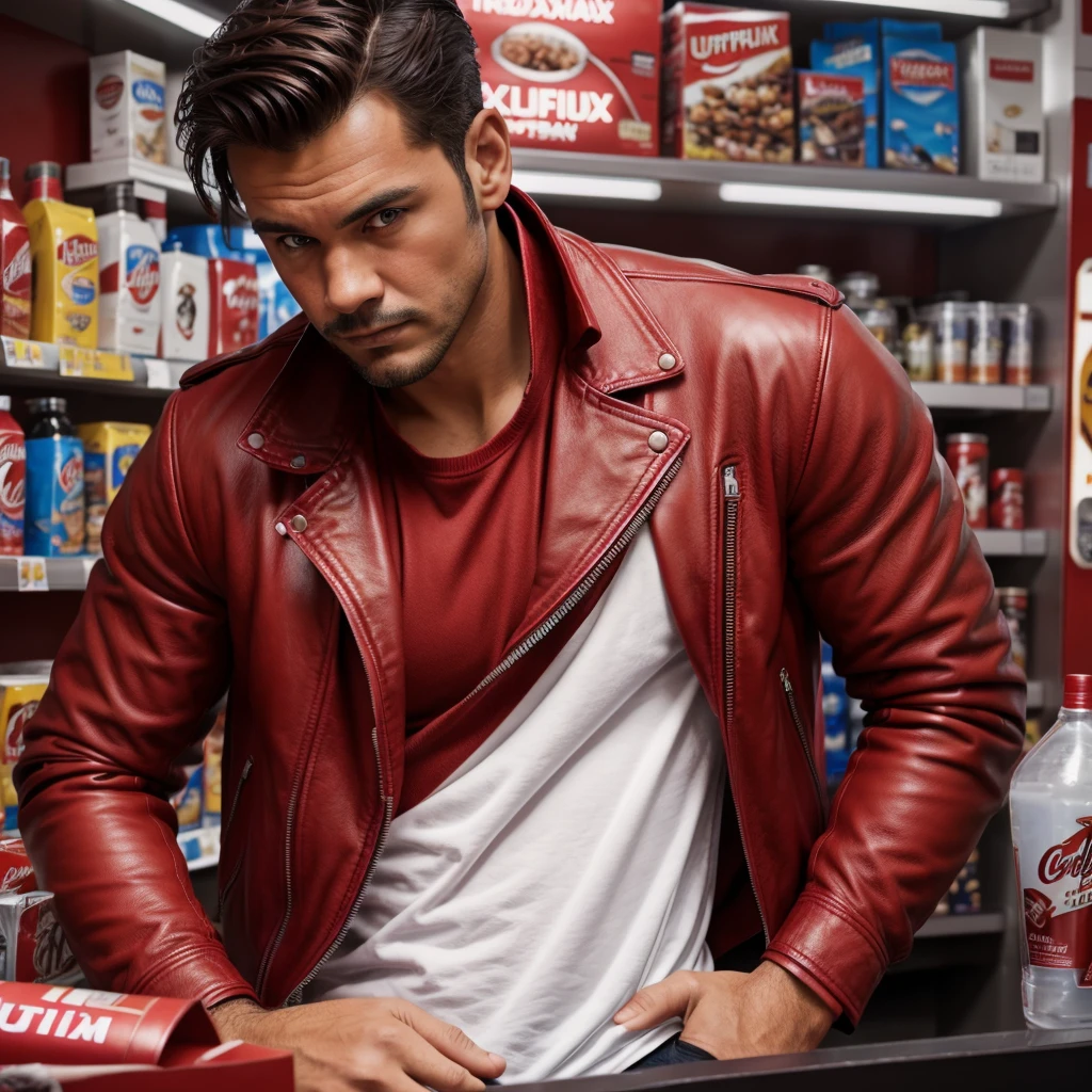 a handsome man in a red leather jacket, in a convenience store, ready for action, upper body, close up, (looking at camera), (candid, amateur), (raw, 8k, uhd, fujifilm xt3),