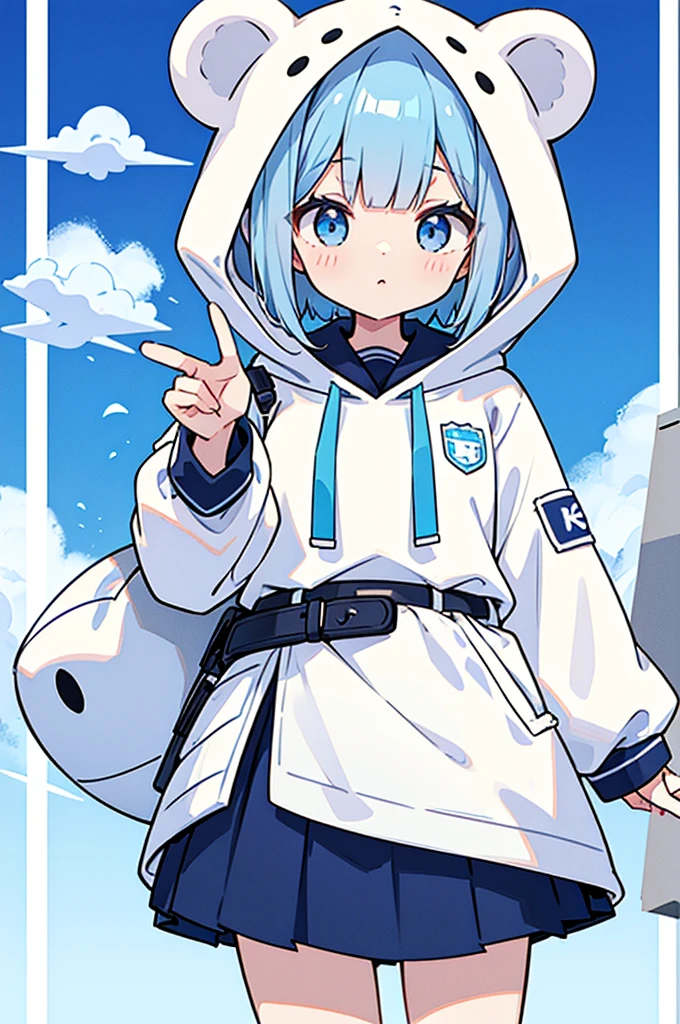 White hoodie with bear ears、Light blue eyes、Light blue bob cut、The clothes have badges attached.。White skirt with blue belt、Calm girl