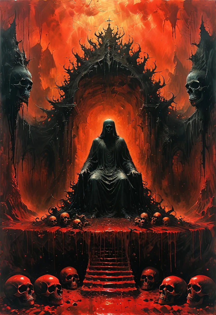 Cave,Underground Kingdom,Gothic style,A painting,Golden throne on a pile of skulls, Disturbing, crawl, gloomy, rotten, Blood rushes like a river,High saturation by zdzislaw beksinski