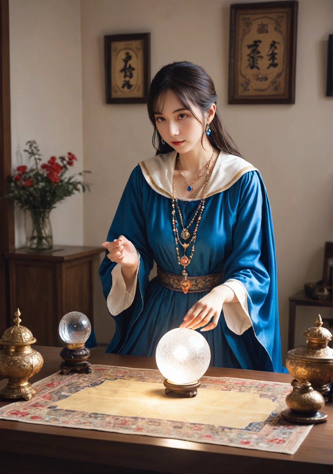 ((Look forward:1.5)),Female fortune teller. Charm, Beautiful and mysterious. She is wearing a blue cape、It has distinctive features. The atmosphere is bright and shining, Filled with anxiety and anticipation. The fortune teller is standing there. 体がLook forwardいる. He is looking at you. He has a crystal ball in his right hand.. The lighting in the room is bright, casting a magical ambiance. Best image quality, 4K or 8K resolution. The level of detail is very fine、It&#39;s real, Close to photorealism. Artistic style is、It should reflect the official aesthetic with bright colors and strong contrast.. The color palette should emphasize the mysterious and mystical theme of the piece.. The fortune teller&#39;s cloak is decorated with a 1:1 metal trim..5. Complex Design. The overall atmosphere is magical, Like a starry sky. The fortune teller&#39;s facial expression should arouse mystical interest..