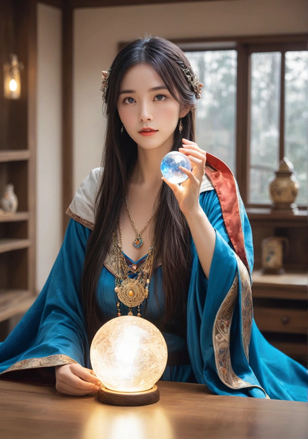 ((Look forward:1.5)),Female fortune teller. Charm, Beautiful and mysterious. She is wearing a blue cape、It has distinctive features. The atmosphere is bright and shining, Filled with anxiety and anticipation. The fortune teller is standing there. 体がLook forwardいる. He is looking at you. He has a crystal ball in his right hand.. The lighting in the room is bright, casting a magical ambiance. Best image quality, 4K or 8K resolution. The level of detail is very fine、It's real, Close to photorealism. Artistic style is、It should reflect the official aesthetic with bright colors and strong contrast.. The color palette should emphasize the mysterious and mystical theme of the piece.. The fortune teller's cloak is decorated with a 1:1 metal trim..5. Complex Design. The overall atmosphere is magical, Like a starry sky. The fortune teller's facial expression should arouse mystical interest..