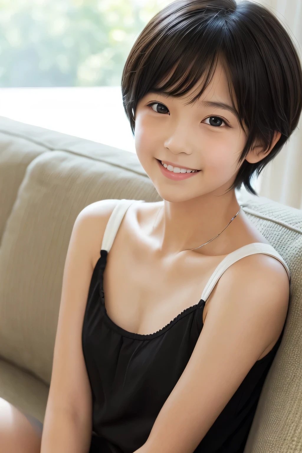 One girl,summer,Inside the room,sofa,Sit down,Black Hair,Fluffy short hair,Sleeveless,one piece,Chest line,Small swelling in the chest,A big smile,,Innocent,front,Look here,transparent, Soft Light,(masterpiece, Highest quality), Structure of the film, Like a movie