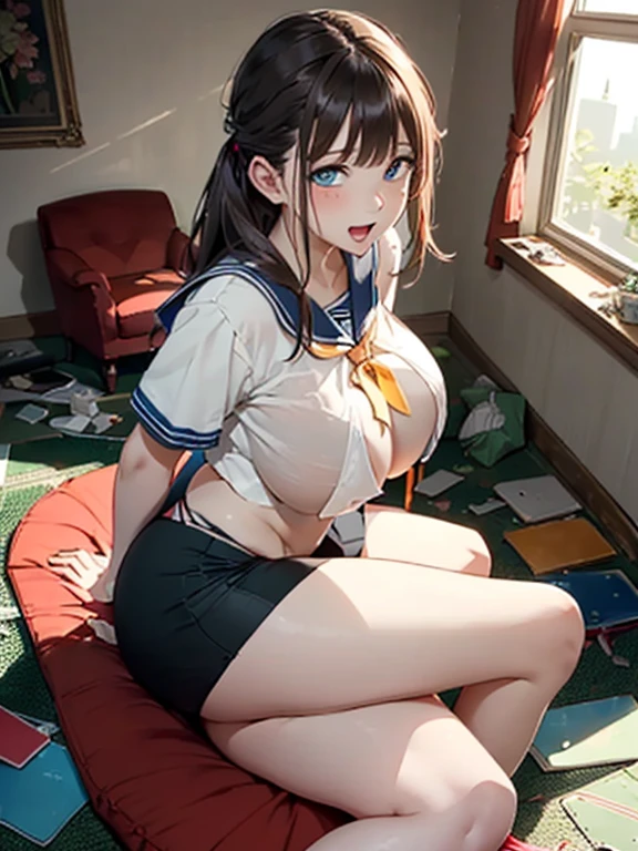 (8k,Super RAW photo, best quality, masterpiece, soft cinematic lighting, soft color:1.4),(from above:1.8),( POV,looking at viewer:1.7),(detaileds beautiful eyes focus,Close-up beautiful eyes:1.6),(realistic), (dark room,room full of trash background:1.6), (solo, mature woman,19years old,super beautiful face,super detaild beautiful eyes :1.5), {sailor uniform:1.1),(show off nipple:0.5),low-cut miniskirt,sheer :1.3}, (embarrassed,red Cheeks:1.25), clean skin, (smaller butt:0.5),(coverd nipple:0.8),(sagging huge long wide heavy breasts:1.5),(under boob:1.8), (thick, curvy:1.35),(1boy,sex,open leg:1.5),(open mouth:1.2),(arms behind back:0.8),(sitting,on side:1.7),