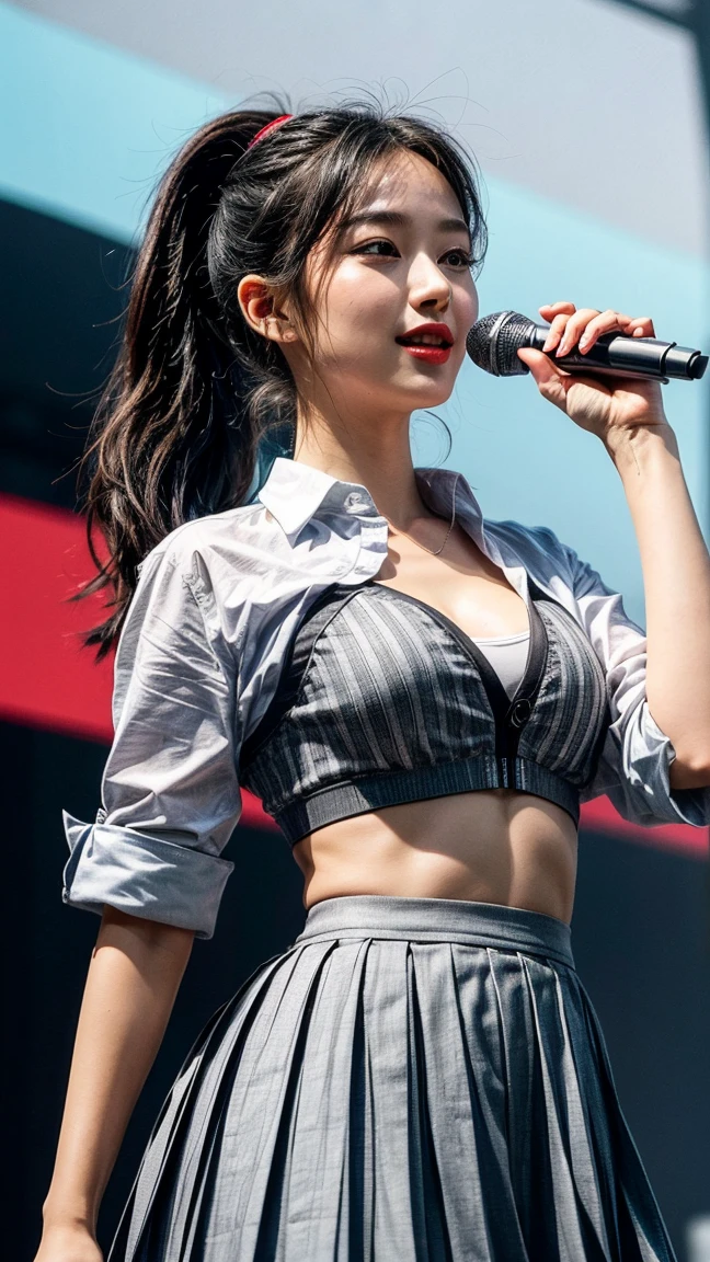 (8k), (highest quality: 1.2), (Realistic), (Realistic: 1.47), Ultra-high resolution, 1 girl, cute, smile, Mouth closed, (Thick lips:1.2),Red lips,Beautiful details, Beautiful Nose,(Straight shiny black hair),(ponytail),Stand on the concert stage,Hold the microphone in your right hand,Bend your elbows and raise your hands,(University uniform,stripe loose fit white shirts formal:1.2),(Grey thick pleated skirt:1.2),(open shirt:1.3),(Calvin Klein sports bra:1.2),(knees),(Medium Shot),