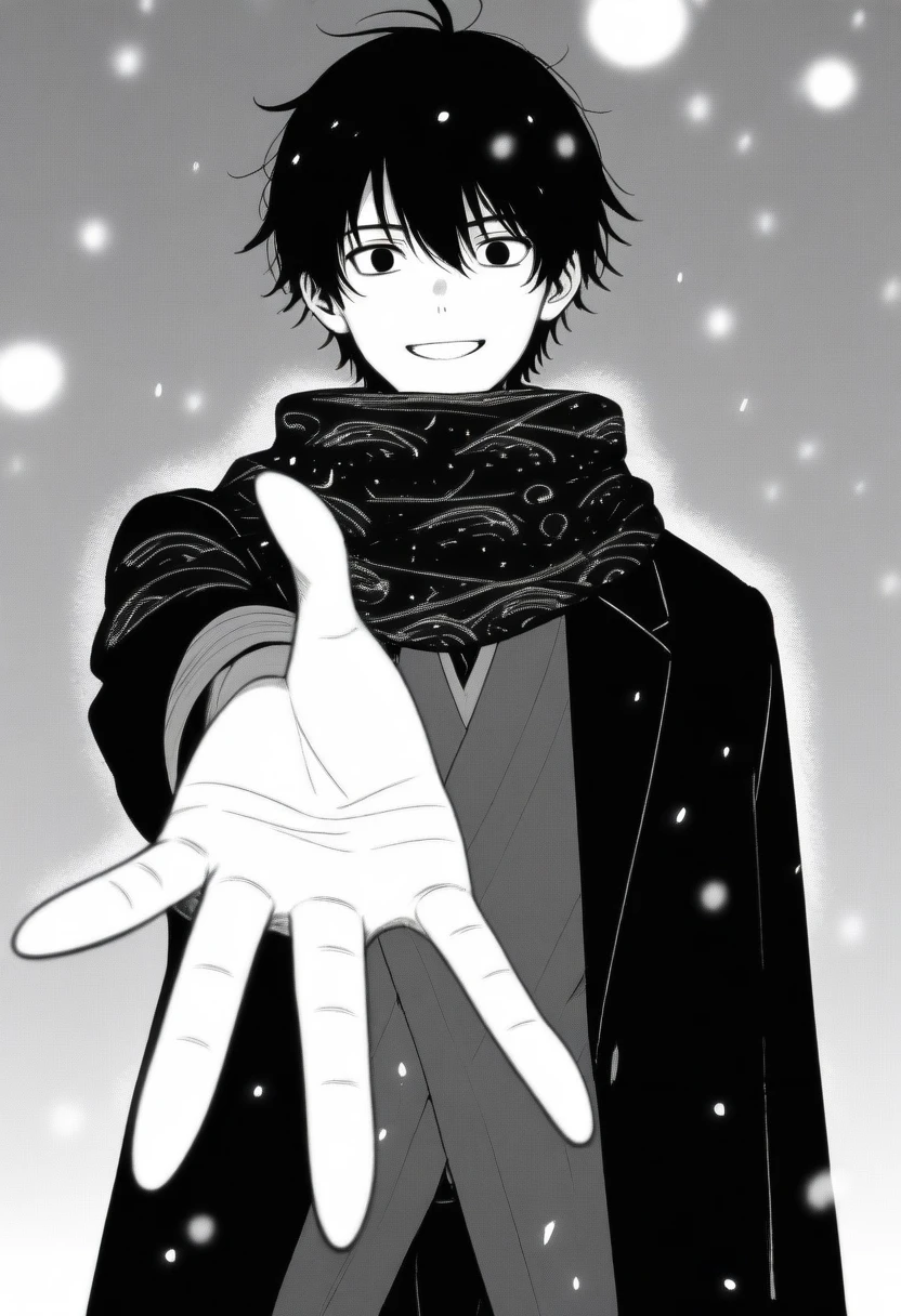 masterpiece, best quality, 1boy mamerakkkkko, grayscale, manga style, japanese, chi no wadachi, black eyes, street, iced, short black hair, smile, lineart, black coat, black scarf, black pants, centered, 18 years old, tall, fair skinned, bokeh background, two-block cut, light particles, centered, snowing, (((reaching out left hand to viewer, perfect hand, detailed hand:1.1)), emotional anime scene, (very aesthetic, best quality, ultra detailed), intricate details