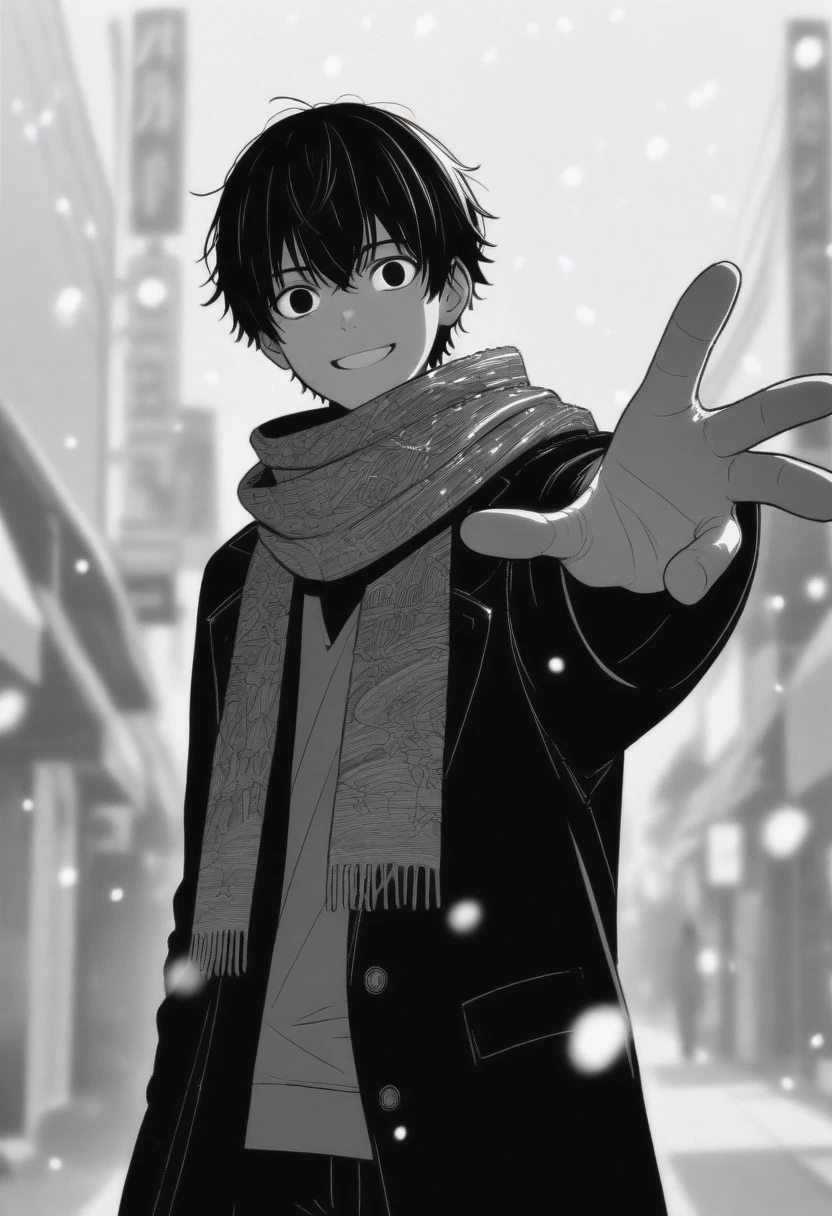 masterpiece, best quality, 1boy mamerakkkkko, grayscale, manga style, japanese, chi no wadachi, black eyes, street, iced, short black hair, smile, lineart, black coat, black scarf, black pants, centered, 18 years old, tall, fair skinned, bokeh background, two-block cut, light particles, centered, snowing, (((reaching out left hand to viewer, perfect hand, detailed hand:1.1)), emotional anime scene, (very aesthetic, best quality, ultra detailed), intricate details