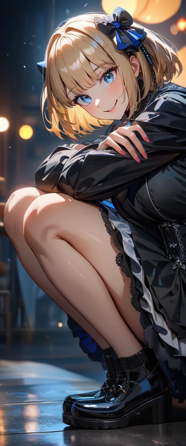 (((One girl))), Shibuya, streat, blond hair, bob cut, (looking at viewer), (((full body))), squatting, knees to chest, breasts, teenager, head tilt:1.3, (((blue eye))), constricted pupils, (from side:1.3), ((happy smile)), (((gothic lolita:1.3))), short dress, bare legs, hair ornament, hair ribbon, anime style, (best quality, 4k, 8k, highres, masterpiece:1.2, ultra-detailed, ultra-detailed eyes, HDR, UHD, studio lighting, ultra-fine painting, sharp focus, physically-based rendering, extreme detail description, professional, vivid colors, bokeh)