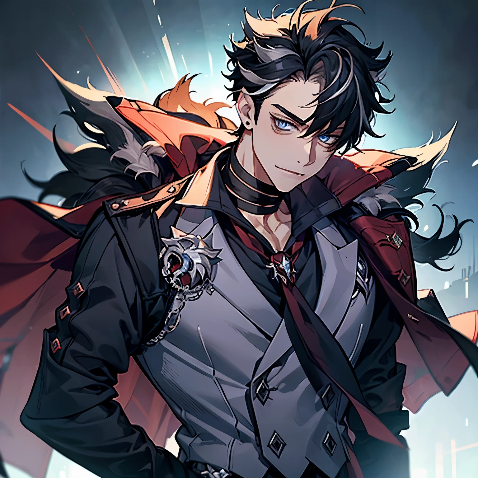 masterpiece, best quality, 1boy, wriothesley, black hair, multicolored hair, short hair, blue eyes, collared shirt, red necktie, jewelry, choker, black fur-trimmed coat on shoulders, sleeves rolled up, upper body, smile, fangs, cowboy shot, hand on waist