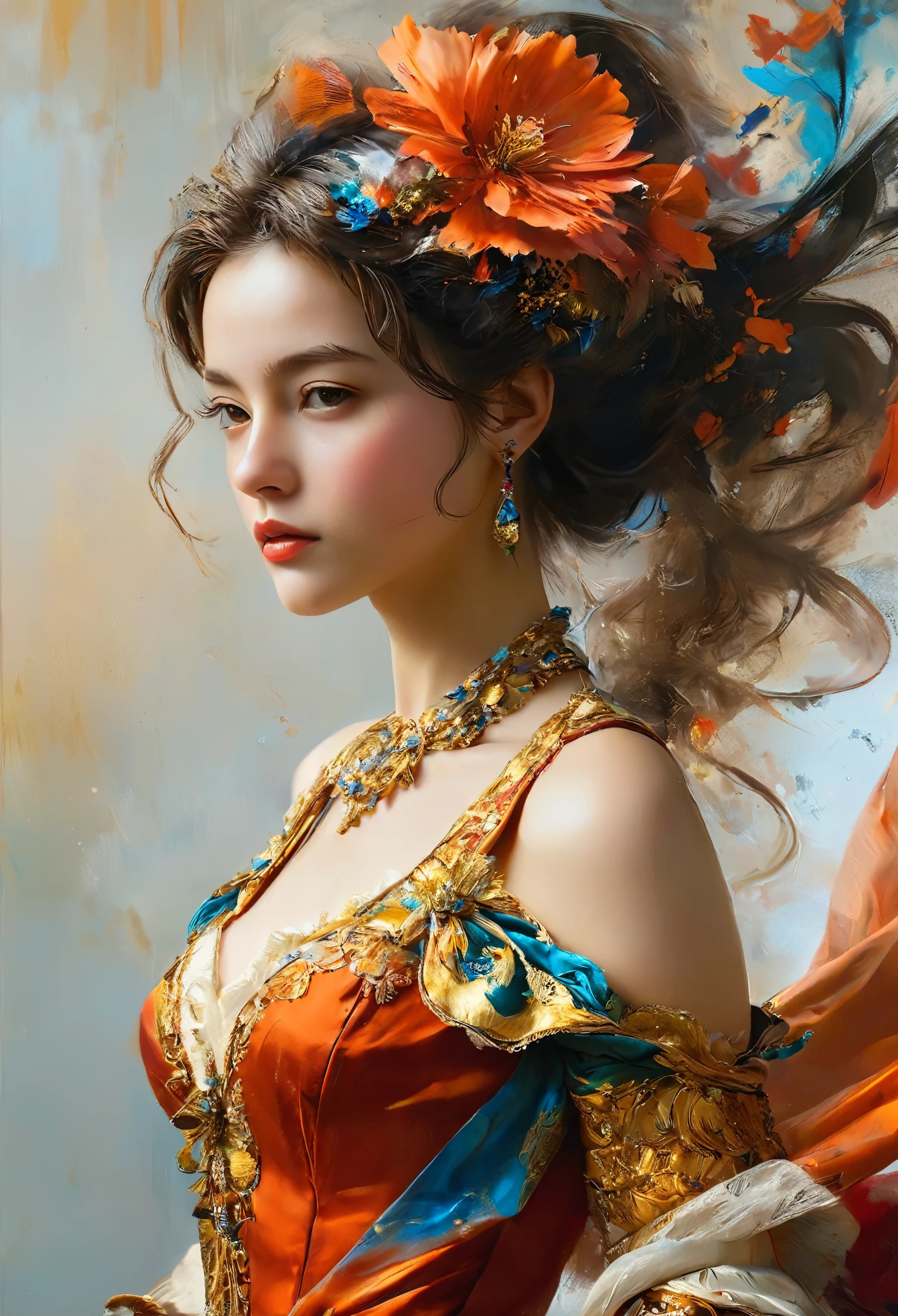 An absurd solution, High resolution, (masterpiece: 1.4), Super detailed, Young woman's messy short black hair, Welders dressing up, High-tech workbench in factory, Tech Sense Screen