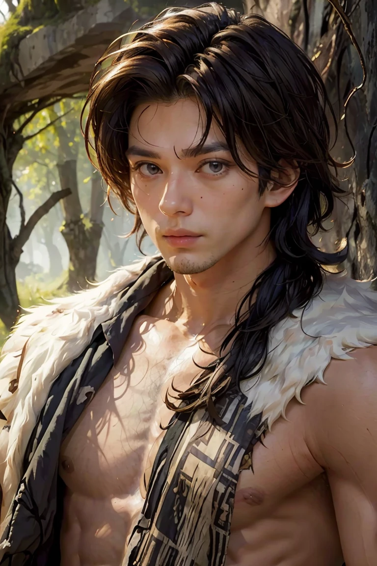 (masterpiece), best quality, expressive eyes, perfect face, male caveman, messy hair, thin, upper body, bare chest, dark hair, ((ancient setting)), cave, tree, handaxe, animal fur over his shoulders