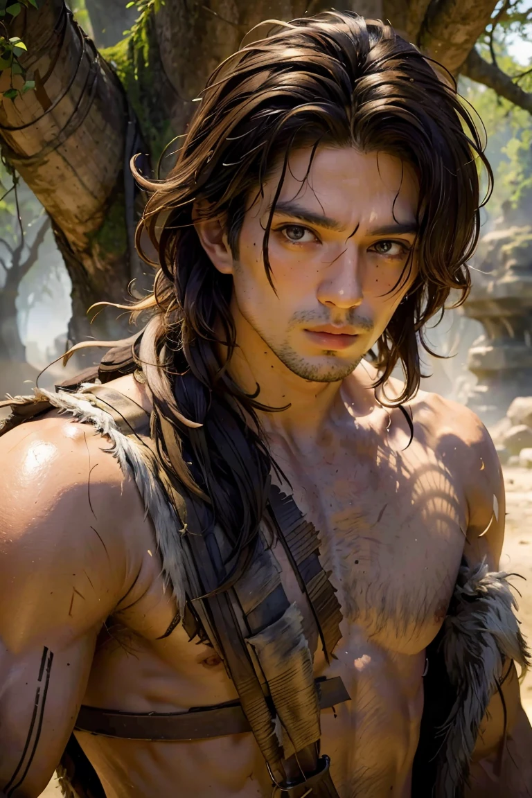 (masterpiece), best quality, expressive eyes, perfect face, male caveman, messy hair, thin, upper body, bare chest, dark hair, ((ancient setting)), cave, tree, handaxe, animal fur over his shoulders