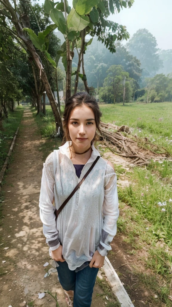 arafed woman, cute smile, smiling face, wearing a dress, looking away, slim waist, fit body, big breast, proportions of 36–24–36 inches, sasha grey, portrait sophie mudd, 18 years old, stunning close-up headshot, madison beer girl portrait, violet myers, she looks like a mix of grimes, very pretty model, arian mark, 8k resolution, very detailed image, blue eyes, pony hairstyle, nikon, cinematic, in forest, evening, photo in Bryansk, Bryansk style