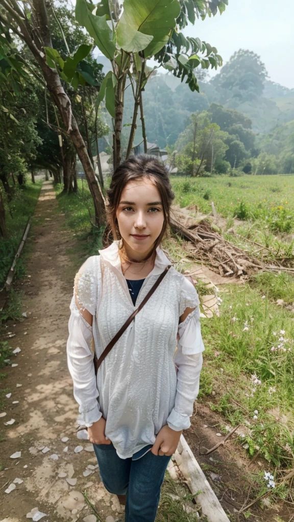 Best quality, masterpiece, ultra high resolution (photorealistic: 1.4), raw photo, 1 girl, white dress, bare shoulders, field of pink flowers in bloom, glowing skin, slight smile