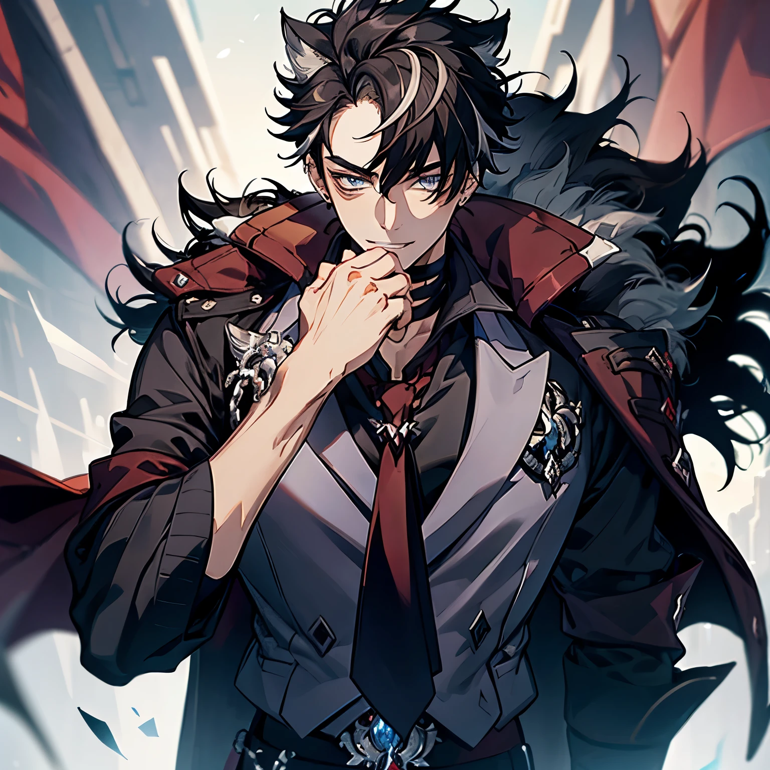 masterpiece, best quality, 1boy, wriothesley, black hair, multicolored hair, short hair, blue eyes, collared shirt, red necktie, jewelry, choker, black fur-trimmed coat on shoulders, sleeves rolled up, upper body, smile, fangs, cowboy shot, hand on waist