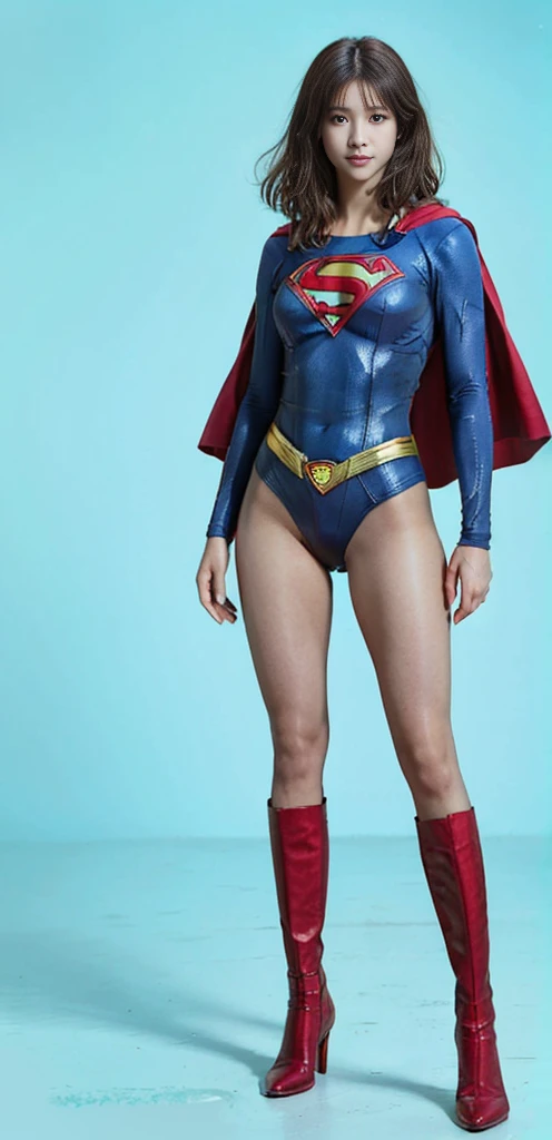 No background、(((Beautiful legs in black tights.)))、(((Legally express the beauty of your smile)))、((((Make the most of your original images)))、(((Supergirl Costume)))、(((Beautiful very short hair)))、(((suffering)))、(((Please wear black tights....、Wear red boots)))、((Best image quality、8K))、((Highest quality、8K、masterpiece:1.3))、(((Preserve background )))、Sharp focus:1.2、Beautiful woman with perfect figure:1.4、Slim Abs:1.2、Wet body:1.5、Highly detailed face and skin texture、8K