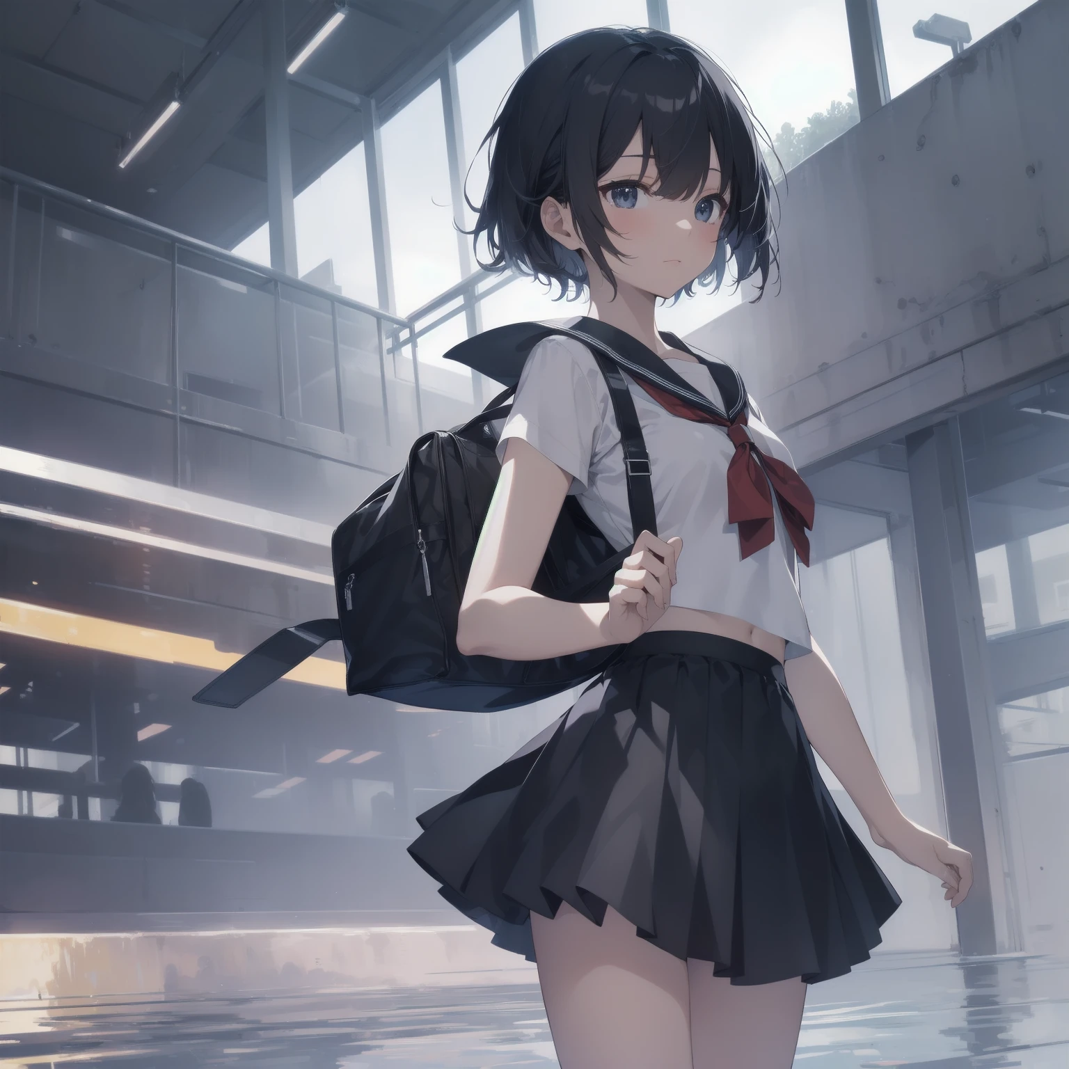 ultra-absurdres-Top quality by artist God, ultra-detailed, high resolution, anime moe artstyle, best anime 8k konachan wallpaper, pixiv contest winner, pool:2810, perfect anatomy,break, 1girl, (Please draw a girl walking sleepily to school alone. )break,(Solo,little female, 13-year-old:1.3),Full limbs, complete fingers,a junior high school student, (very short hair), short cut, flat chest, , small butt, small black eyes, beautiful detailed eyes, well-proportioned iris and pupils, expressive eyes, highres detailed hair, soft expression, salor school_uniform, sailor collar, serahuku, bow, pleated skirt,(Detailed Lighting), (Detailed background), in the School commute route. break,super detailed skin, Best cinematic lighting powered by famous artist, 8k,beauty illustration,photoshop_(medium),very aesthetic,break,((artist:sincos )), artist:clamp ,artist:carnelian ,artist:kantoku ,