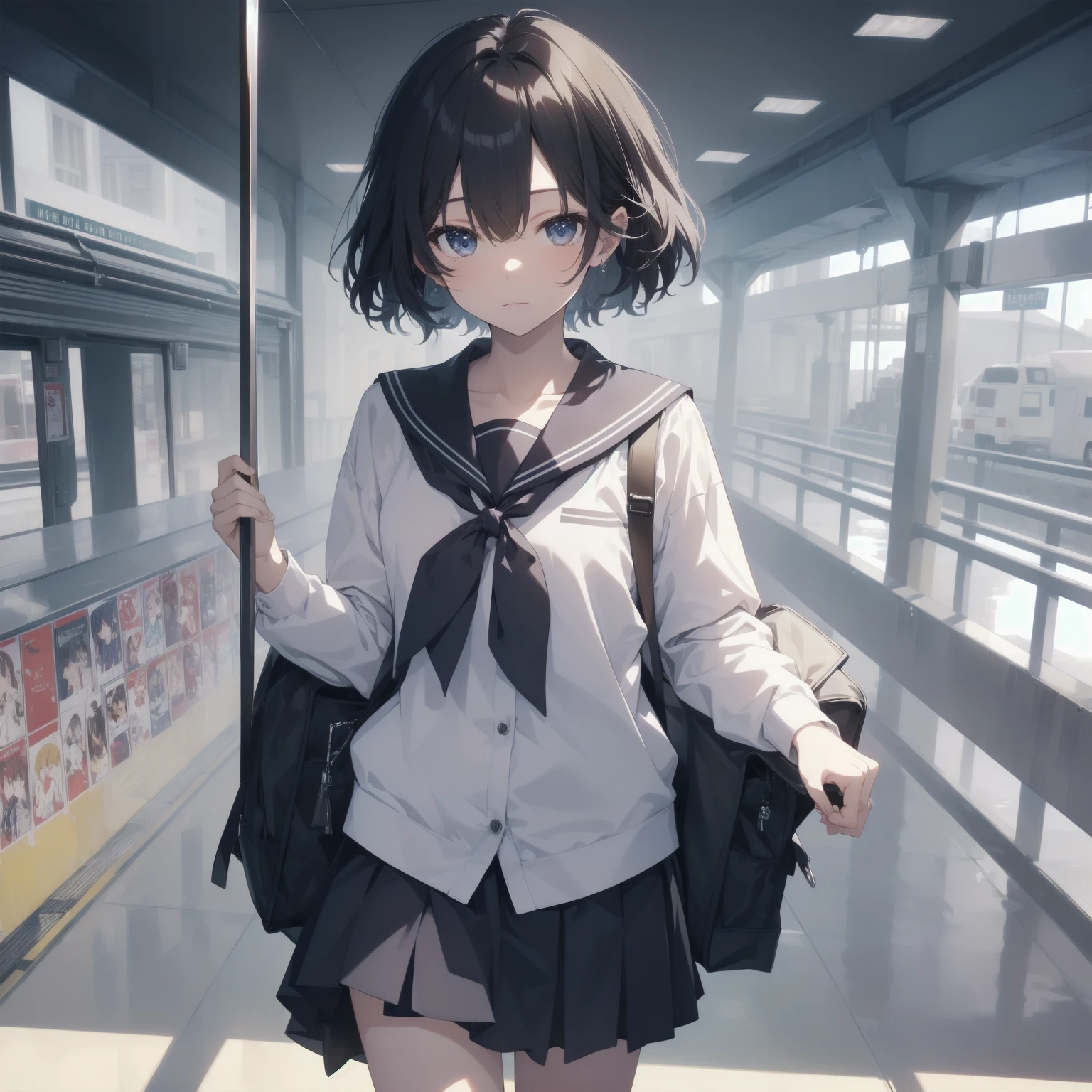 ultra-absurdres-Top quality by artist God, ultra-detailed, high resolution, anime moe artstyle, best anime 8k konachan wallpaper, pixiv contest winner, pool:2810, perfect anatomy,break, 1girl, (Please draw a girl walking sleepily to school alone. )break,(Solo,little female, 13-year-old:1.3),Full limbs, complete fingers,a junior high school student, (very short hair), short cut, flat chest, , small butt, small black eyes, beautiful detailed eyes, well-proportioned iris and pupils, expressive eyes, highres detailed hair, soft expression, salor school_uniform, sailor collar, serahuku, bow, pleated skirt,(Detailed Lighting), (Detailed background), in the School commute route. break,super detailed skin, Best cinematic lighting powered by famous artist, 8k,beauty illustration,photoshop_(medium),very aesthetic,break,((artist:sincos )), artist:clamp ,artist:carnelian ,artist:kantoku ,