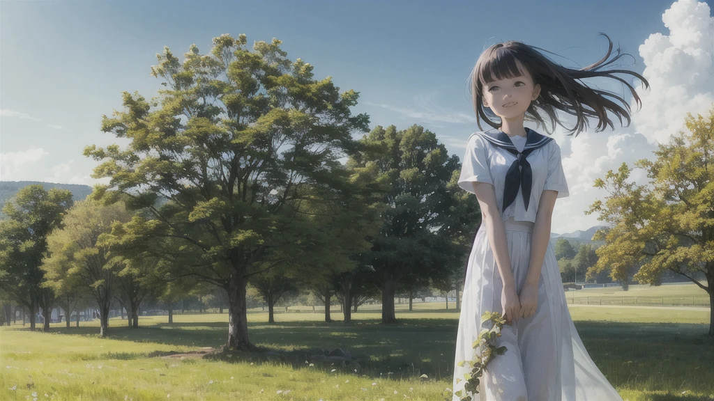 (masterpiece),  town,  blue sky,  One Girl,  smile,  alone,  Sailor suit、Long skirt,  Overgrown,  petal,  plant、Skirt lining、Translucent slip、Nostalgic、Strong winds、Skirt fluttering in the wind