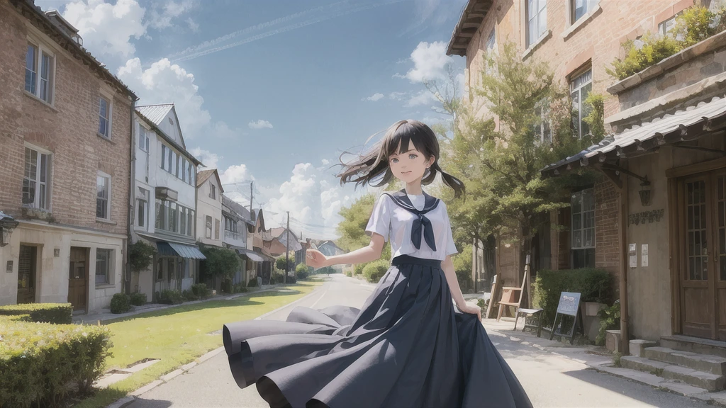 (masterpiece),  town,  blue sky,  One Girl,  smile,  alone,  Sailor suit、Long skirt,  Overgrown,  petal,  plant、Skirt lining、Translucent slip、Nostalgic、Strong winds、Skirt fluttering in the wind