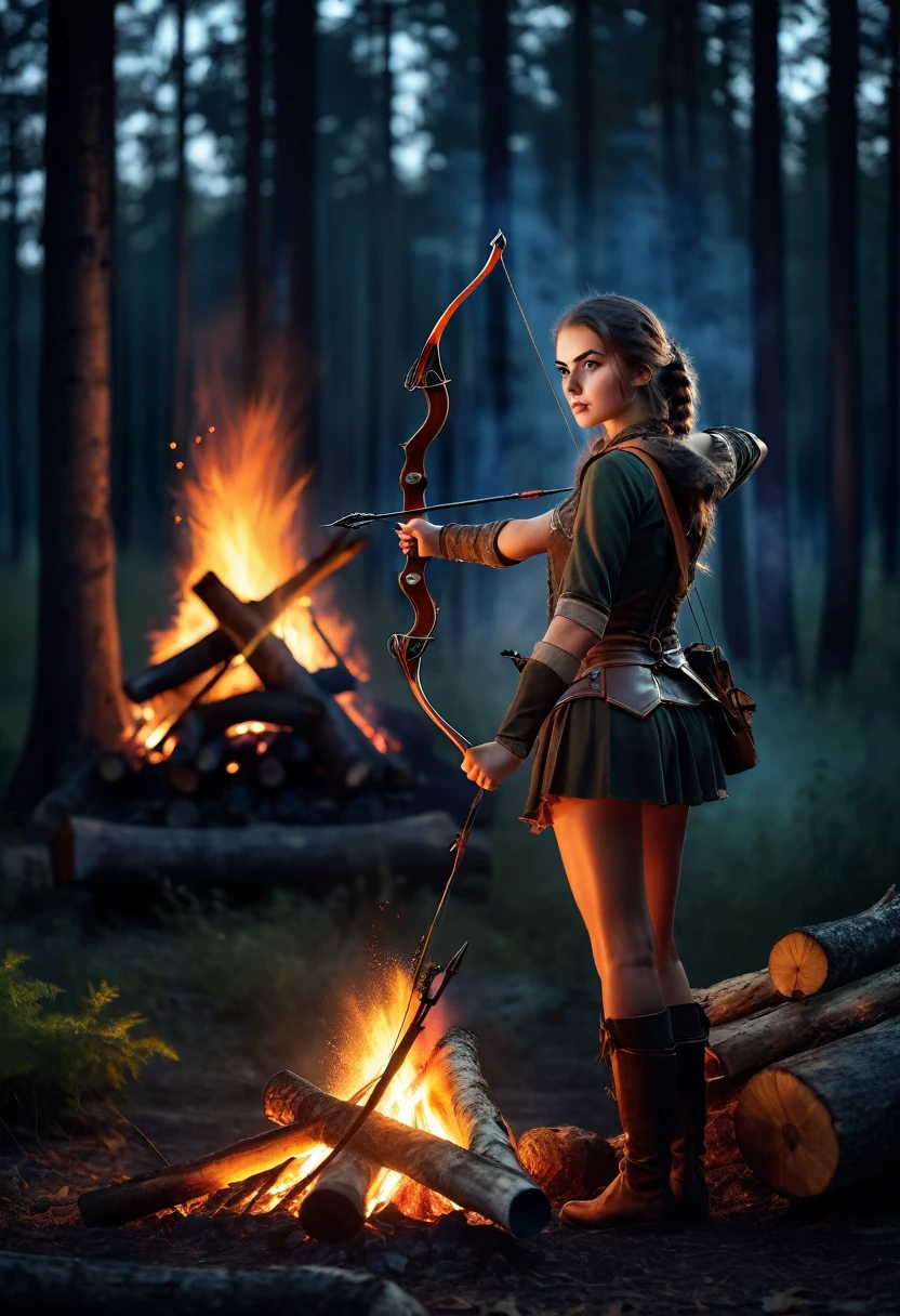 Highest quality　Fantasy　Young female hunter with a bow　Staring at a bonfire　 　The background is a night forest