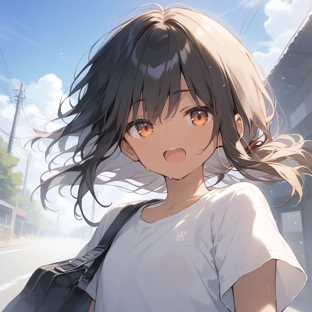 score_9, score_8_up, score_7_up, source_anime, best quality, masterpiece, official art, absurdres, highres, ultra-detailed,waifu2x,Collection: Slice of Life,break,1girl, tomboy, dark-skinned female, short hair, low ponytail, flat chest, beautiful detailed eyes, short shorts, sweat, open mouth, (yawn:0.3), sleepily, outdoors, wind, break,(clear line illustration:1.2),very high resolution, very aesthetic, super detailed skin, Best sexual lighting powered by famous artist, 8k,cute picture,beauty illustration,photoshop_(medium),,(Detailed Lighting),best anime 8k konachan wallpaper, pixiv contest winner,