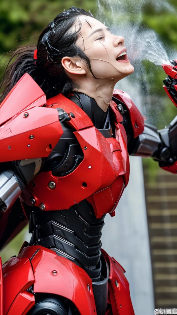 Rough skin, Very detailed, Advanced Details, high quality, 最high quality, High resolution, 1080P 、、Red Armor、Wearing red and black、cute((During a break))(破損したwoman用ロボットスーツを着用...)(Red Armor)(Broken Armor)Black Hair、、Soaking wet、Soaked Face Put the headgear aside Beautiful Face、Hot look knock down、よだれing from the mouth、woman (Steam coming out of the face) ((Steam from the body)) Sit on a chair Filming location I can see the vagina Open the crotch to the front look up