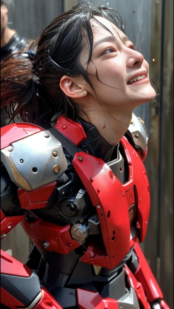 Rough skin, Very detailed, Advanced Details, high quality, 最high quality, High resolution, 1080P 、、Red Armor、Wearing red and black、cute((During a break))(破損したwoman用ロボットスーツを着用...)(Red Armor)(Broken Armor)Black Hair、、Soaking wet、Soaked Face Put the headgear aside Beautiful Face、Hot look knock down、よだれing from the mouth、woman (Steam coming out of the face) ((Steam from the body)) Sit on a chair Filming location I can see the vagina Open the crotch to the front look up