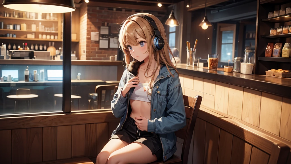 Girl with headphones enjoying music in a cafe I am studying Emphasize a little bit of the chest