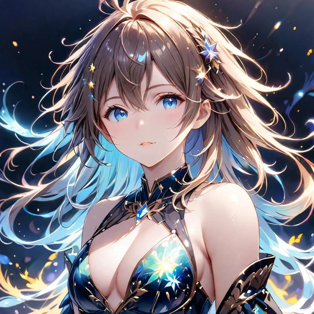 (8K, Highest quality, masterpiece:1.2),(Highest quality:1.0), (Ultra-high resolution:1.0), 金と銀のツートンカラーの髪、watercolor, Beautiful woman, shoulder, Costumes adorned with light refraction、Twinkling of the stars、Diamond Sparkle、Hair Ribbon, Agnes Cecil, Half Body Portrait, Super bright design, pastel colour, (ink:1.3), Autumn Light,