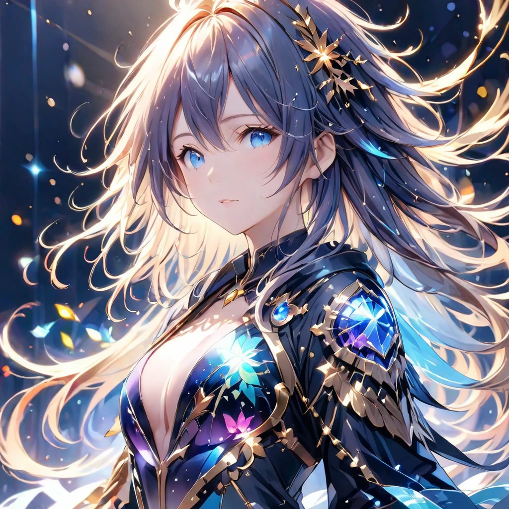 (8K, Highest quality, masterpiece:1.2),(Highest quality:1.0), (Ultra-high resolution:1.0), 金と銀のツートンカラーの髪、watercolor, Beautiful woman, shoulder, Costumes adorned with light refraction、Twinkling of the stars、Diamond Sparkle、Hair Ribbon, Agnes Cecil, Half Body Portrait, Super bright design, pastel colour, (ink:1.3), Autumn Light,