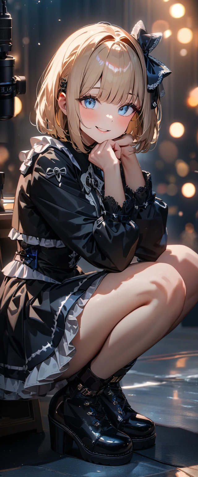 (((One girl))), Shibuya, streat, blond hair, bob cut, (looking at viewer), (((full body))), squatting, head rest, breasts, teenager, head tilt:1.3, (((blue eye))), constricted pupils, (from side:1.3), ((happy smile)), (((gothic lolita:1.3))), short dress, bare legs, hair ornament, hair ribbon, anime style, (best quality, 4k, 8k, highres, masterpiece:1.2, ultra-detailed, ultra-detailed eyes, HDR, UHD, studio lighting, ultra-fine painting, sharp focus, physically-based rendering, extreme detail description, professional, vivid colors, bokeh)