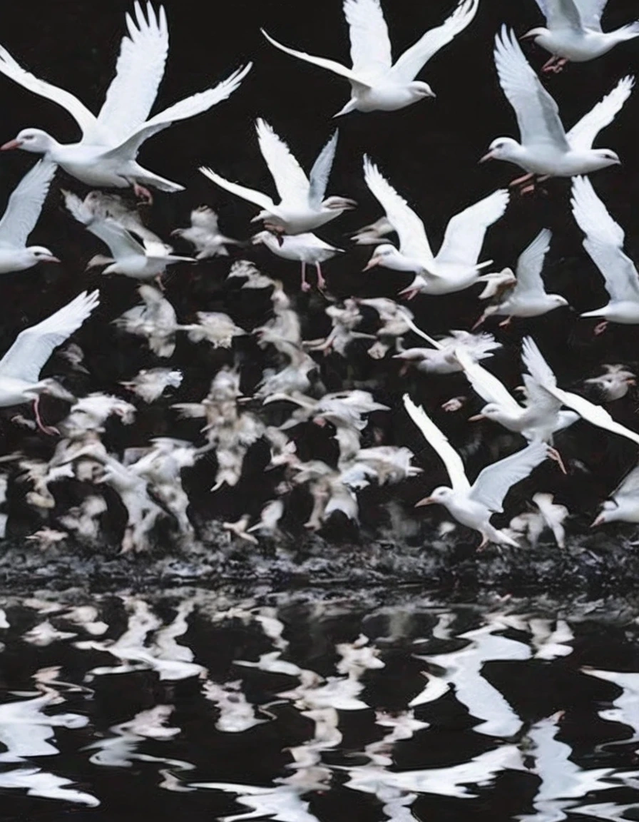 many white birds flying in black water,