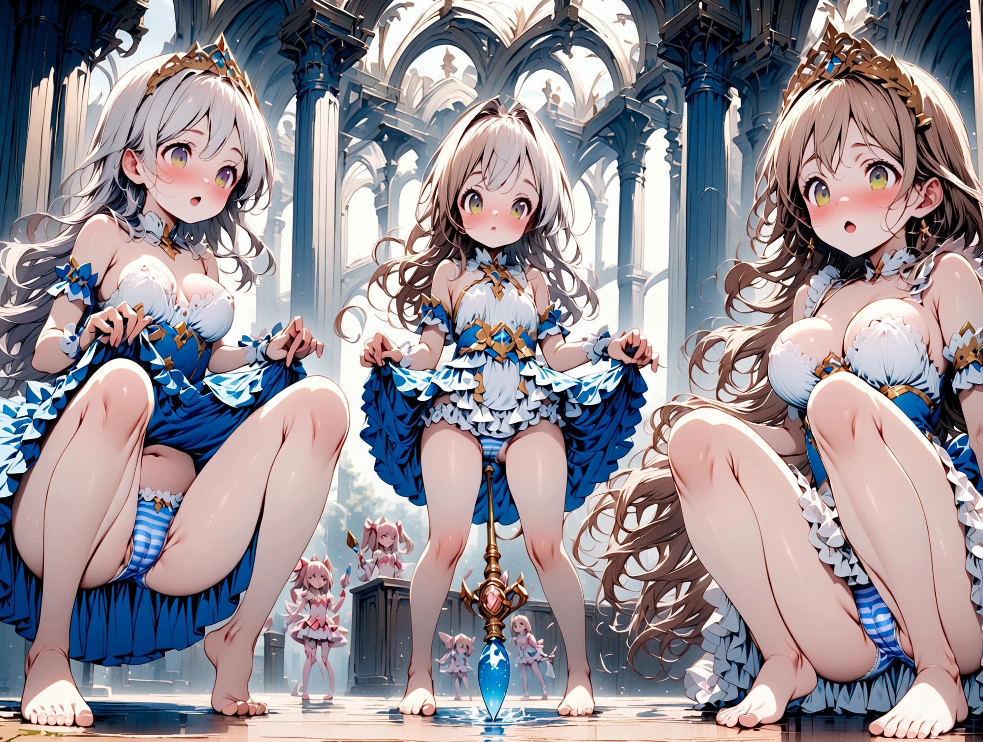 Hanazawa Kana、Plain white with soaking wetness and highlighting her boobsTshirt、Ultramarine and white striped quatting and spreading her legs to show her underwear、When she squats down and lifts her skirt, her cute white frilly underwear is visible..、barefoot、library、Three girls of different heights Magical girl with a magic wand