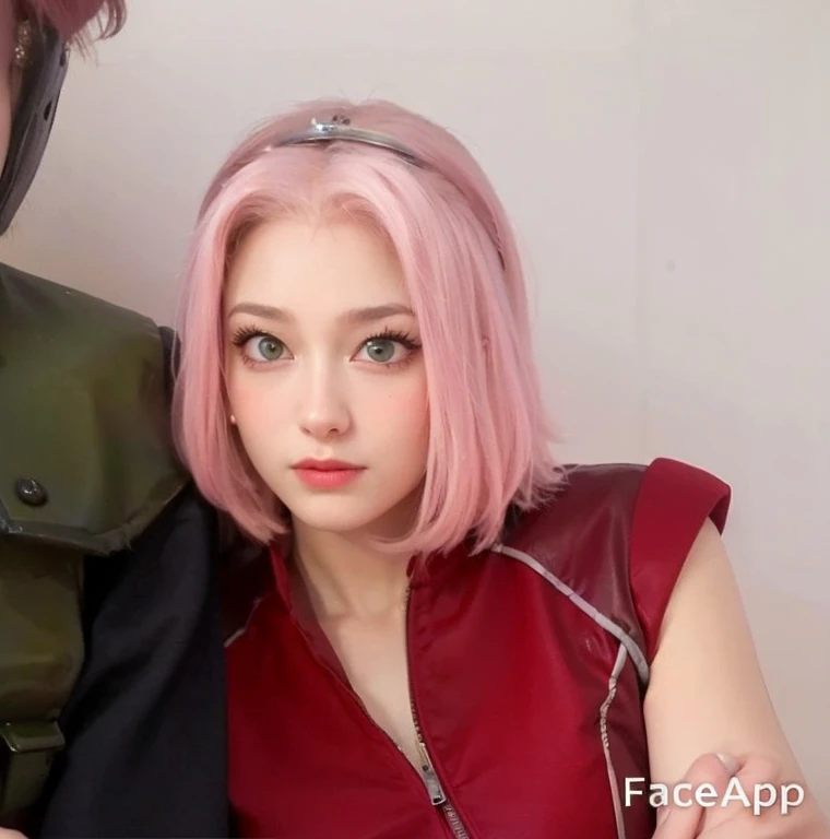 young woman, short shoulder-length pink hair, wide forehead, porcelain skin, pink eyebrows, big emerald green eyes, buttoned nose, full lips, heart-shaped face, slender body, small breasts, red tank top, Sakura Haruno , realistic, realism, details, 3d, well detailed
