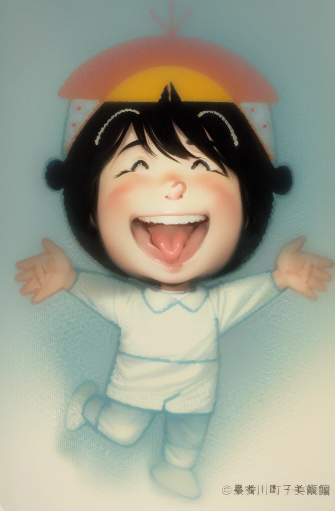 a cartoon boy with his arms out and his tongue out, cartoon image, cartoon illustration, clip art, by Gusukuma Seihō, happy kid, dokev, by Kagaku Murakami, boy has short black hair, senko-san, by Nakahara Nantenbō, by Watanabe Kazan, kid