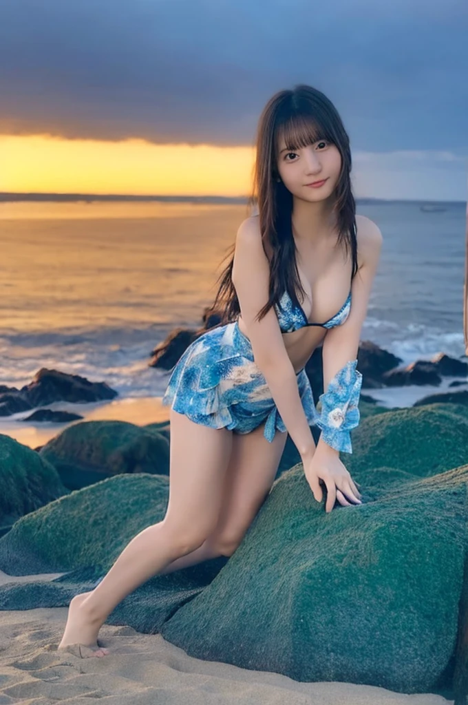 masterpiece)), ((best quality)), (ultra-detailed), ((kawaii)), cute, (lovely), ((extremely detailed)), 4K, (8K), best quality, (beautiful), beach, sea , night, a cute girl, solo, micro bikini, (leaning forward:1.3), (hands on knees:1.3), 