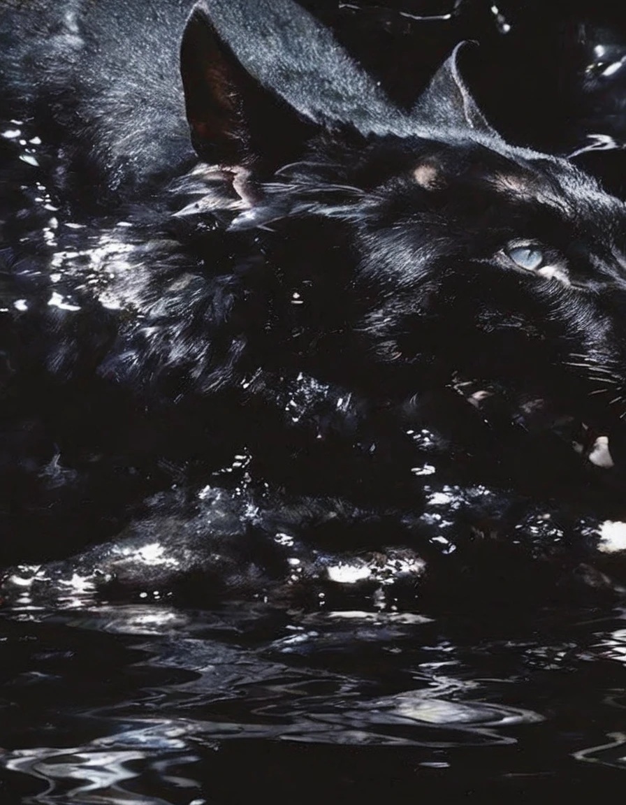 many black cats flying in black water,