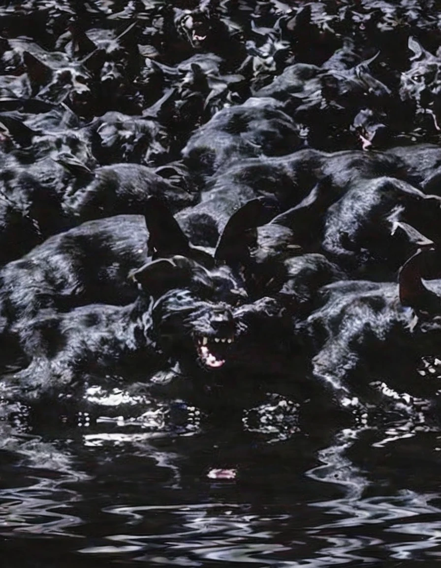 many black cats flying in black water,