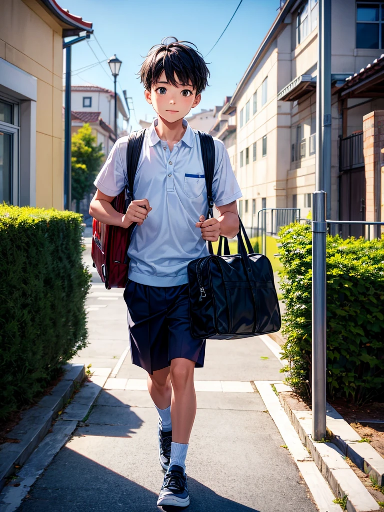 Highest quality,Highest Resolution,A boy carrying a school bag entering the gates of an elementary school,