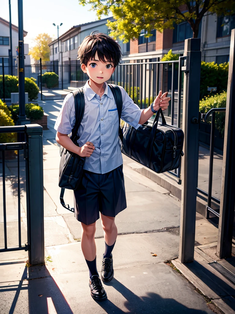 Highest quality,Highest Resolution,A boy carrying a school bag entering the gates of an elementary school,