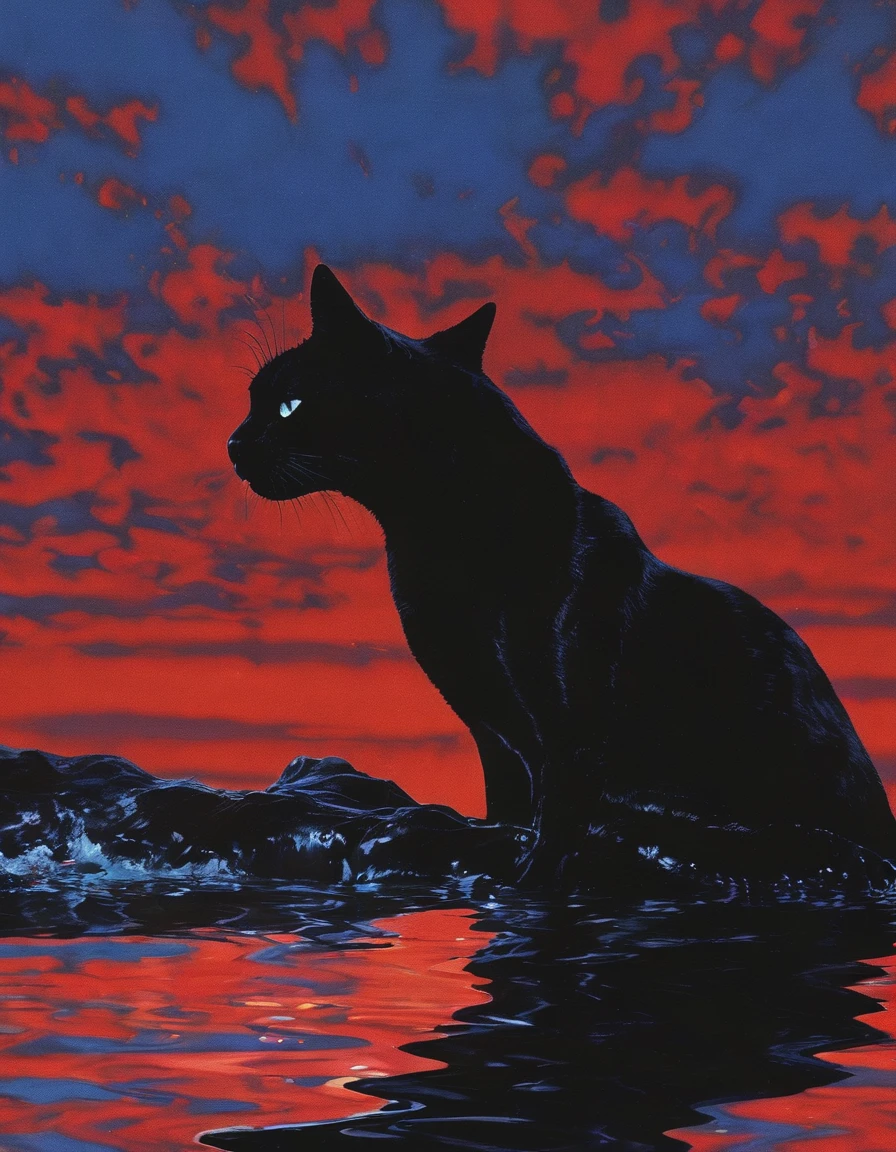 cat in water, red sunset background