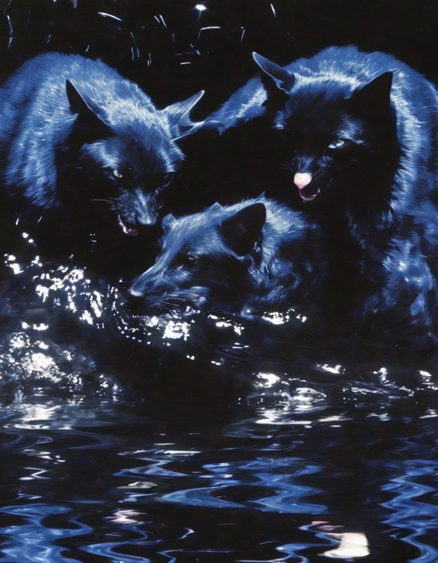 black cats kissing in black water, dark blue background